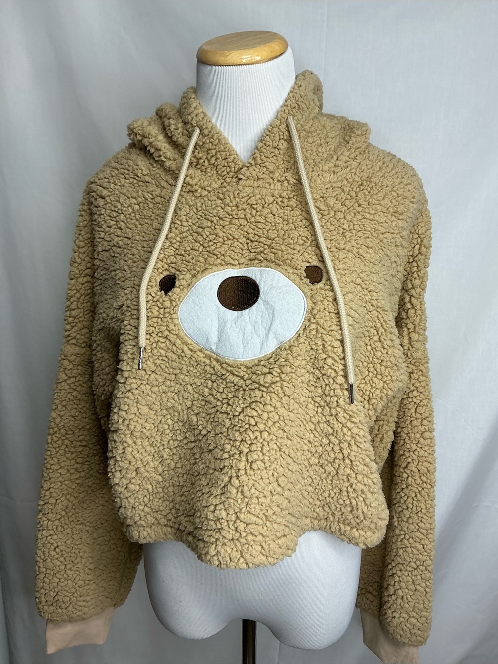 2179 - Beige Teddy Sherpa Hoodie with Bear Face